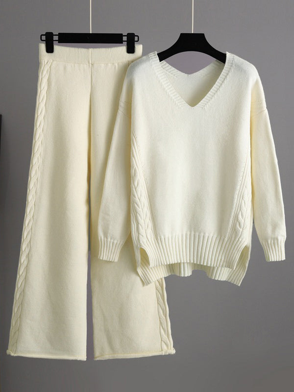 Ensemble deux pièces élégant ample à manches longues, à col en V, à jambes larges, couleur unie – pull + pantalon