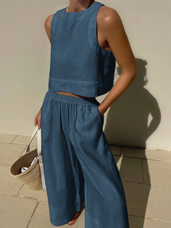 Ensemble deux pièces gilet sans manches à col rond de couleur unie + pantalon élastique à jambes larges