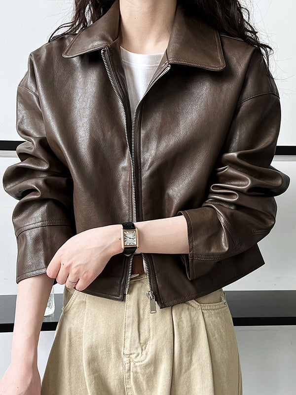 Veste ample à manches longues, à fermeture éclair, à col revers, couleur unie
