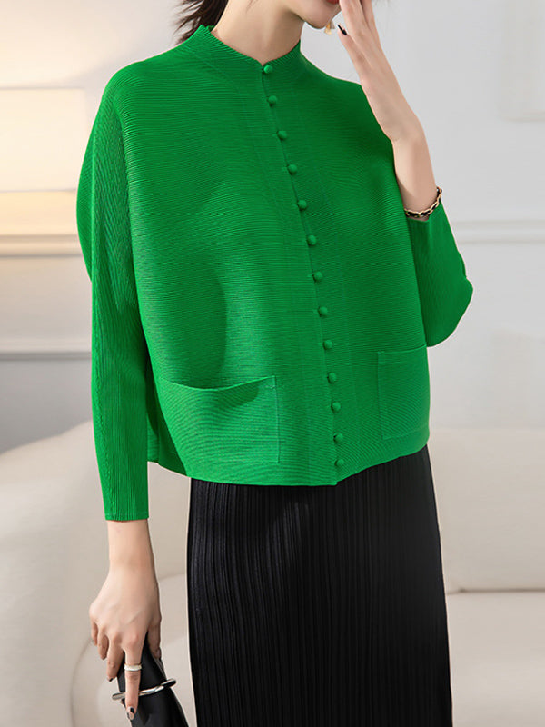 Veste ample boutonnée plissée à manches longues, à poches, à col rond, couleur unie
