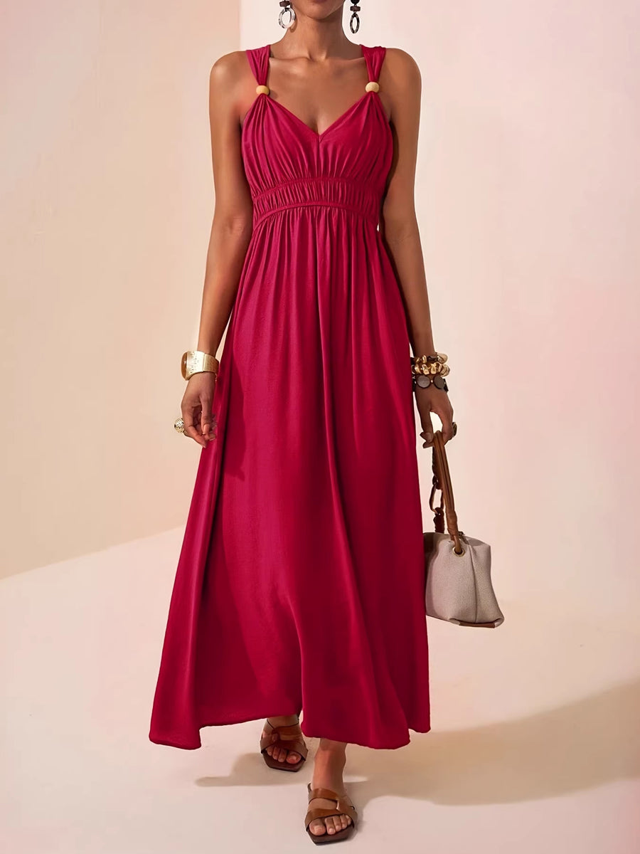 Robe longue ample plissée coupe trapèze, à fines bretelles, couleur unie
