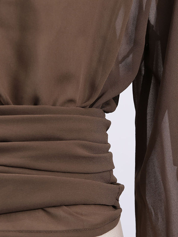 Chemisier ample plissé transparent à manches longues, à taille nouée, à capuche, couleur unie