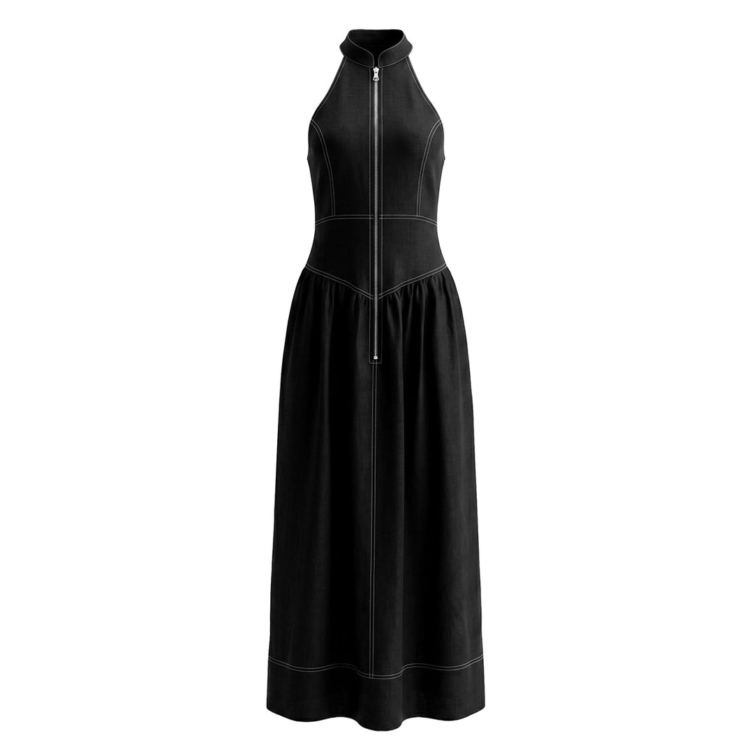 Robe longue plissée coupe trapèze, taille haute, à poches, à fermeture éclair, à col montant, couleur unie