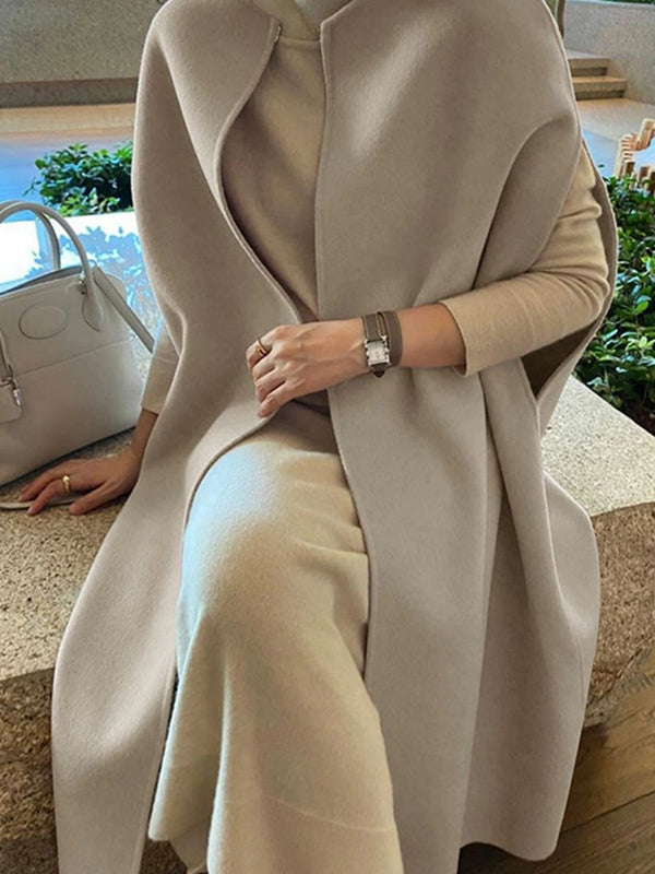 Veste simple sans manches, à col rond, style cape, couleur unie