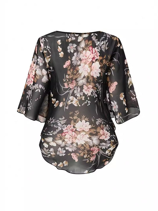 Kimono transparent à manches chauve-souris, à manches mi-longues, à imprimé floral, à col rond