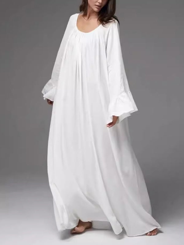 Robe longue ample plissée à manches évasées, à empiècements, à col rond, couleur unie
