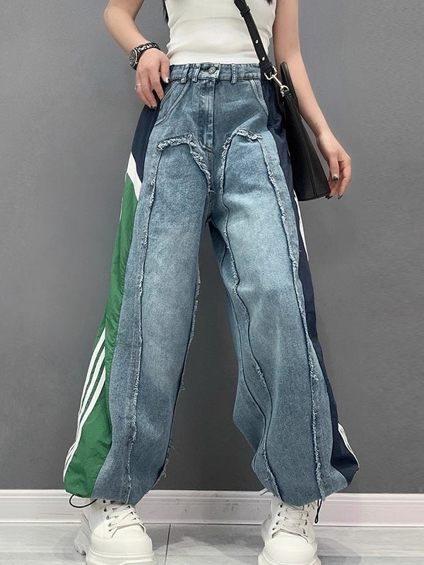 Jean ample à jambes larges, à cordon de serrage, à taille élastique, à franges, à empiècements, couleur contrastée