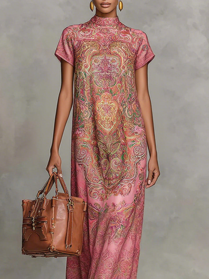 Robe longue ample à manches courtes, à imprimé floral, à col cheminée, couleur contrastée