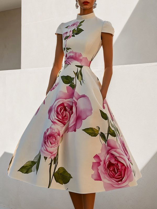 Robe mi-longue à manches courtes, coupe près du corps, à imprimé floral, à col montant