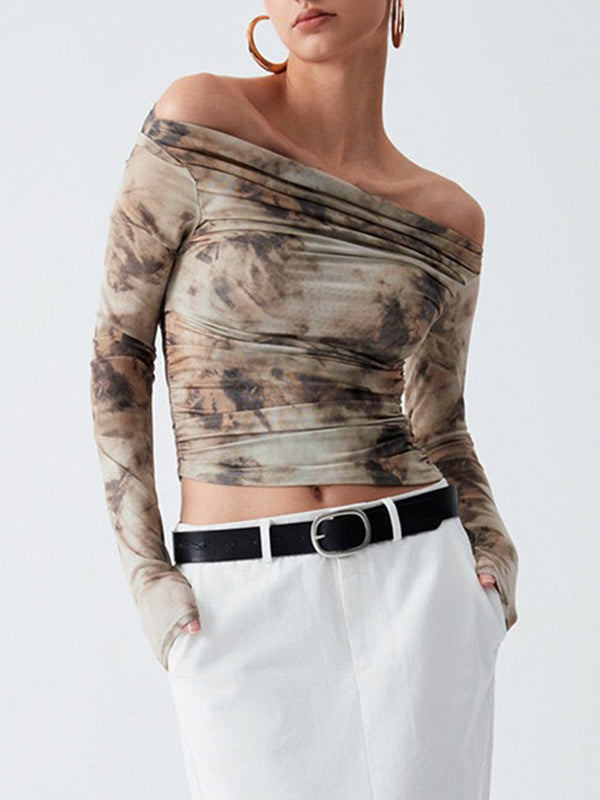 T-shirt plissé à manches longues, coupe près du corps, à empiècements, tie-dye, à épaules dénudées