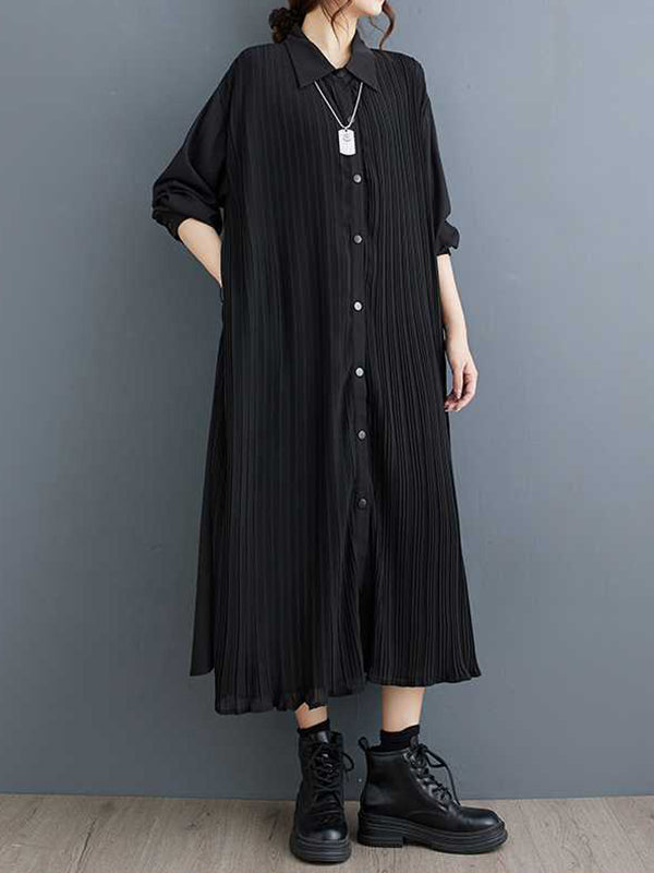 Robe chemise boutonnée plissée coupe trapèze, à manches longues, à poches, à empiècements, à col revers