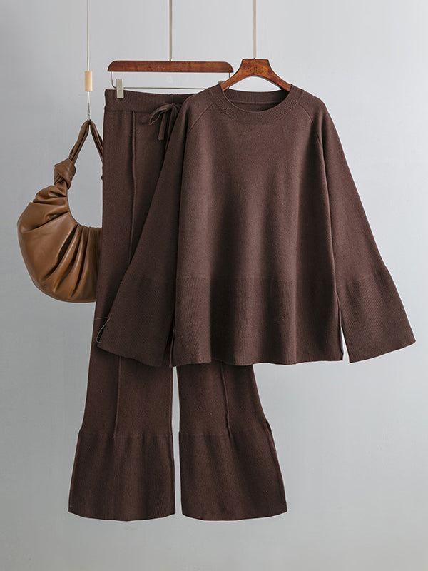 Ensemble deux pièces décontracté ample à manches longues, à col rond, à jambes larges, couleur unie – pull + pantalon