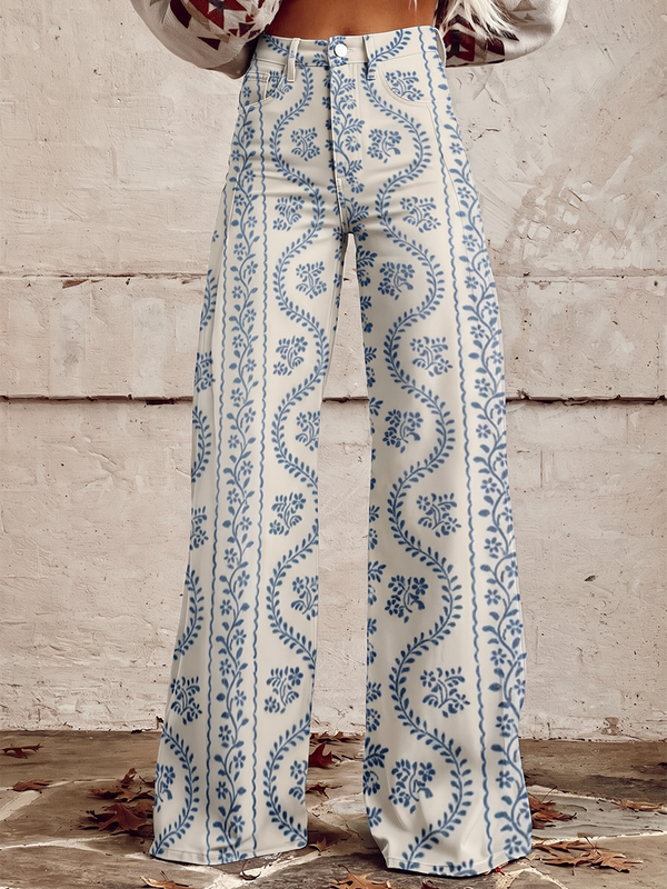 Pantalon imprimé boutonné à poches, à jambes larges, grande taille