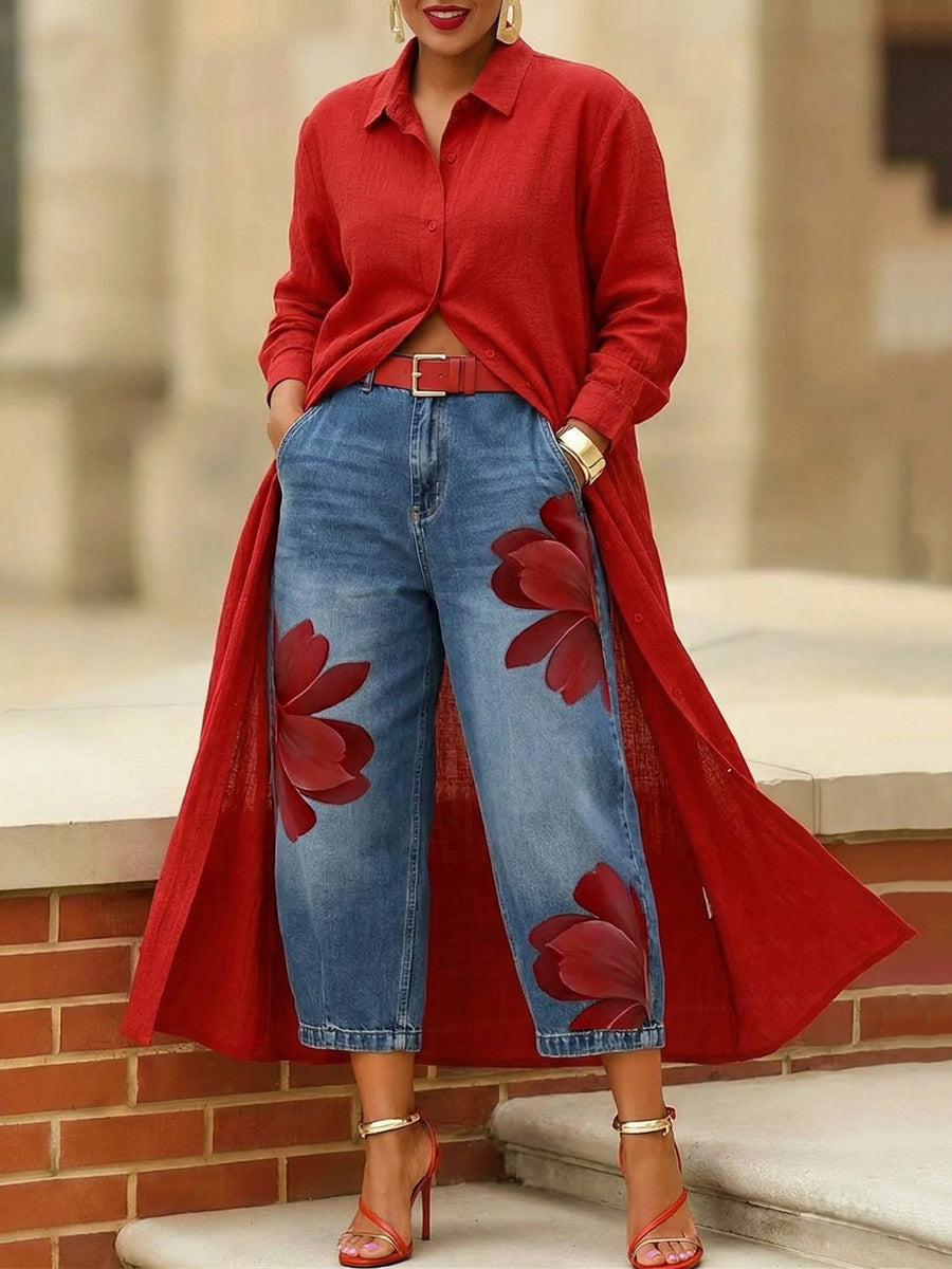 Pantalon 7/8 ample à jambes larges, à imprimé floral, sans ceinture, à poches