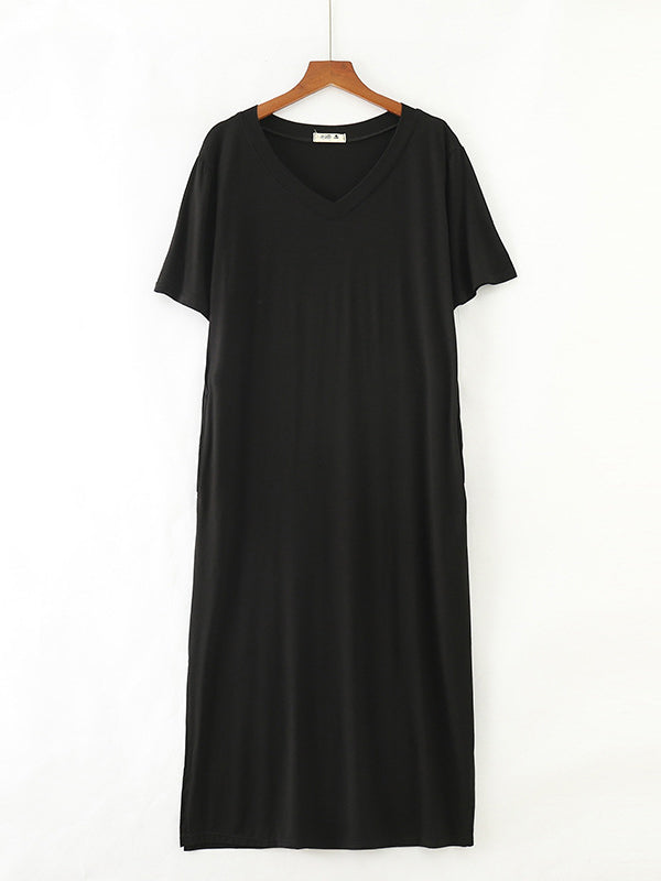 Robe de pyjama simple à manches courtes, ample, fendue sur le côté, couleur unie, col en V