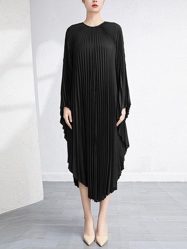 Robe longue ample plissée à manches chauve-souris, couleur unie