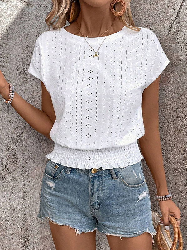 T-shirt ample ajouré à manches raglan, à taille élastique, en jacquard, à col rond, couleur unie