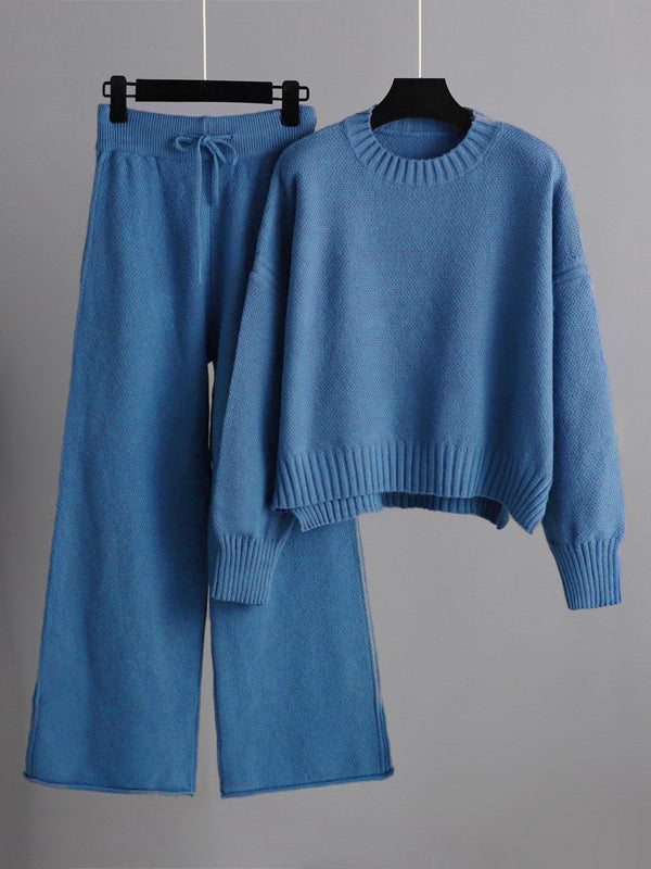 Pantalon urbain ample à manches longues, à col rond, à ourlet plongeant, à jambes larges, couleur unie