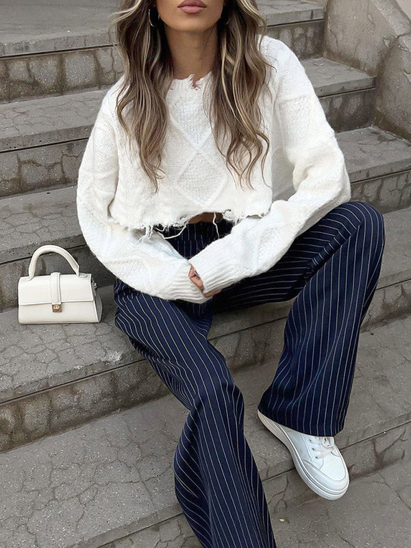 Pantalon Large Taille Haute Pantalon Rayé Boutonné Pantalon