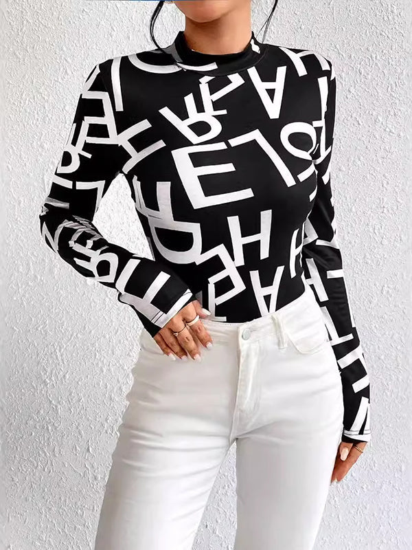 T-shirt à manches longues, coupe près du corps, à imprimé lettres, à empiècements, à col cheminée