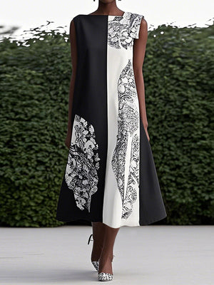 Robe longue ample asymétrique imprimée sans manches, à col rond, couleur contrastée
