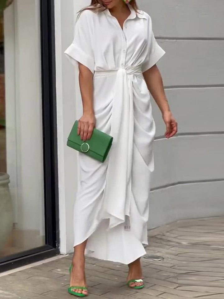 Robe chemise boutonnée plissée à taille élastique, taille haute, à empiècements, à taille nouée, à col revers, couleur unie