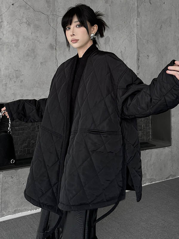 Manteau rembourré à manches longues, ample, à carreaux, couleur unie, à empiècements, noué, sans col, vêtements d'extérieur