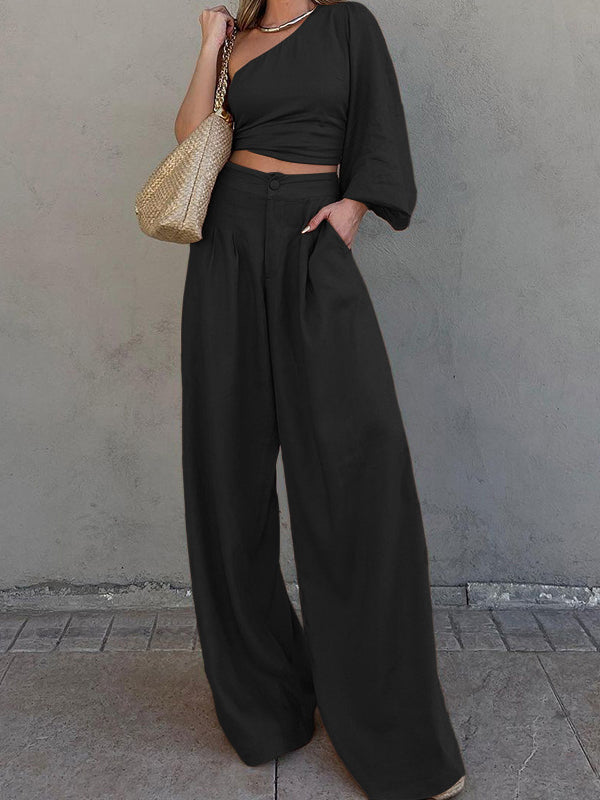 Ensemble deux pièces ample asymétrique plissé à manches longues, à taille élastique, à nœud, asymétrique à une épaule, couleur unie – chemise + haut + pantalon