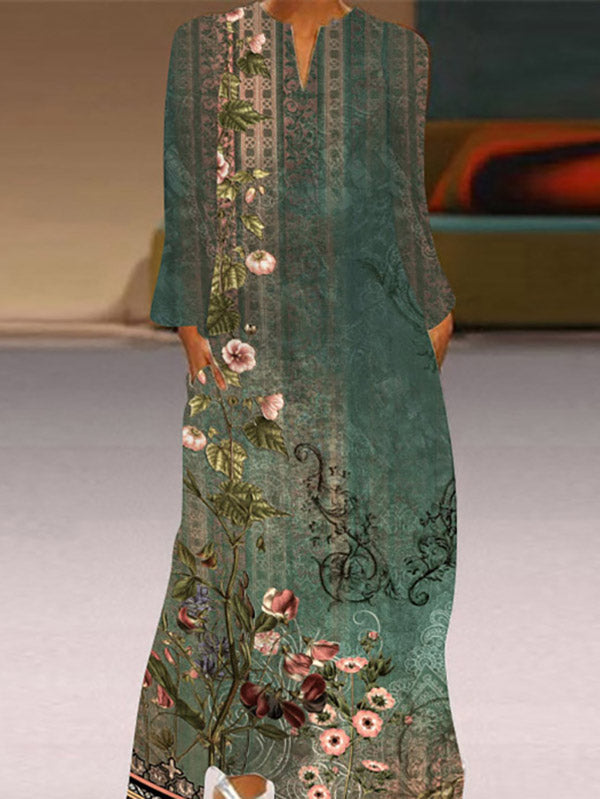 Robe longue coupe trapèze, à manches longues, à imprimé floral, à poches, à col en V