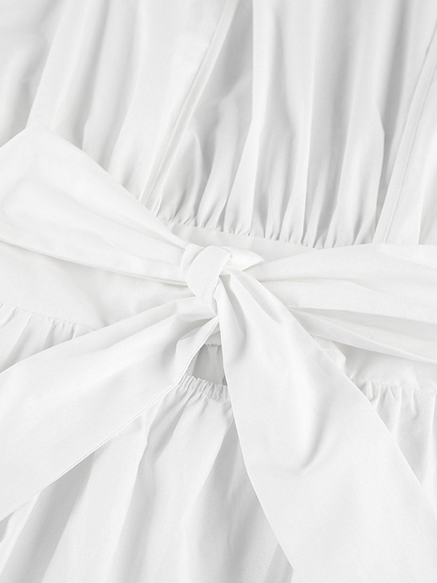 Chemisier plissé à taille élastique, taille haute, à empiècements, à taille nouée, à col rond, couleur unie