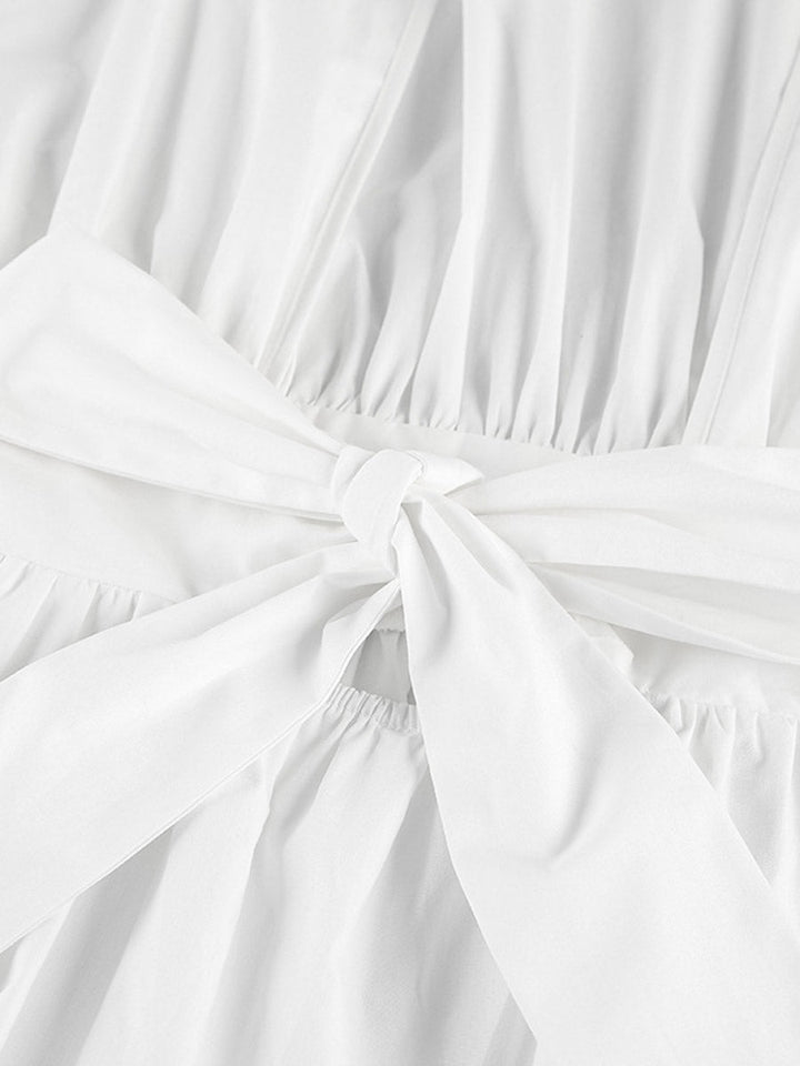 Chemisier plissé à taille élastique, taille haute, à empiècements, à taille nouée, à col rond, couleur unie
