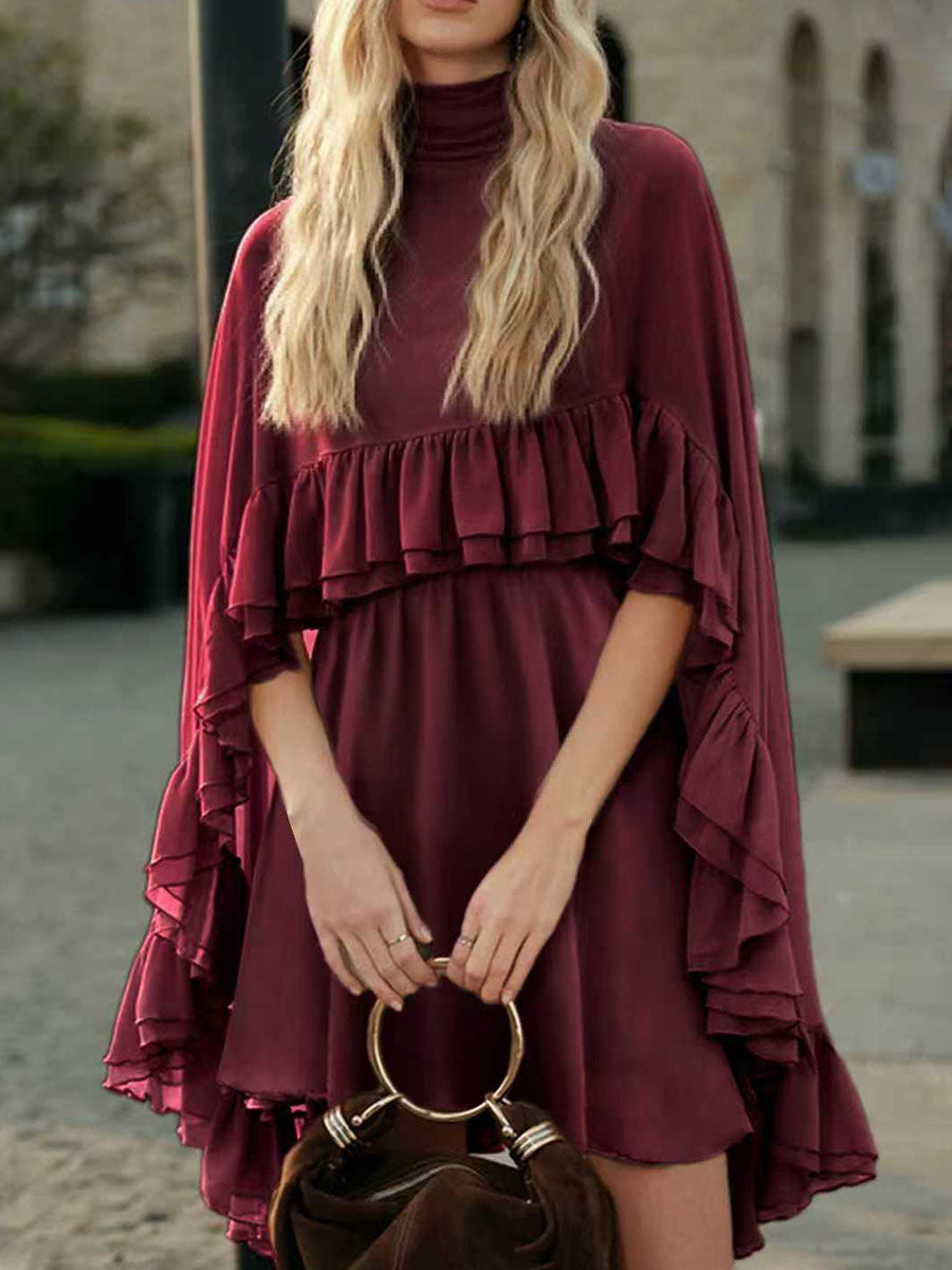 Robe courte ensemble deux pièces plissée volantée nouée taille haute, sans manches, à empiècements, à col cheminée, couleur unie