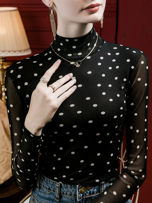 T-shirt à manches longues, grande taille, à pois, à col cheminée
