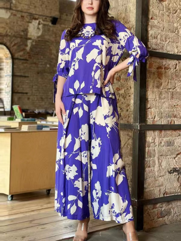 Ensemble deux pièces noué à imprimé floral, à col rond, à jambes larges – t-shirt + pantalon