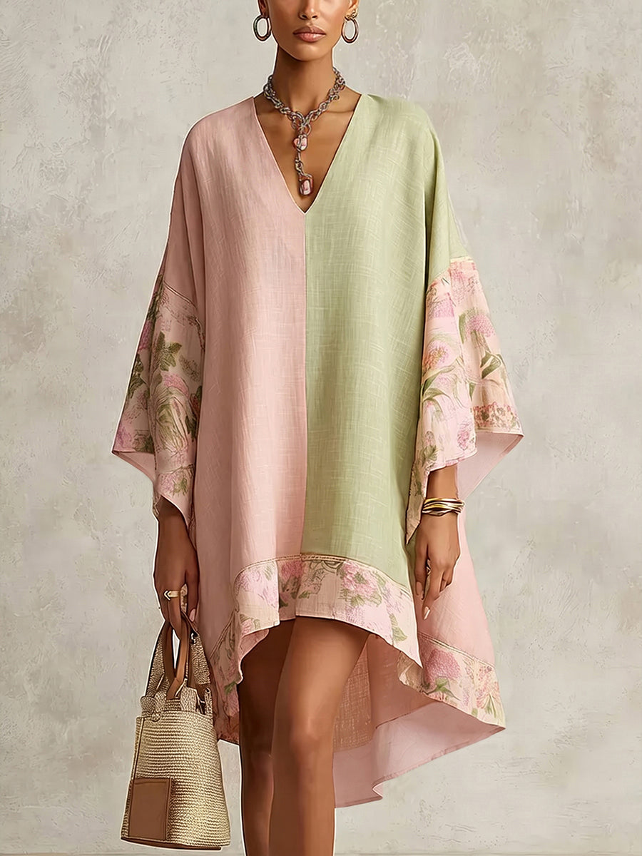Robe mi-longue ample à empiècements, à imprimé floral, à manches trois-quarts, à col en V, couleur contrastée