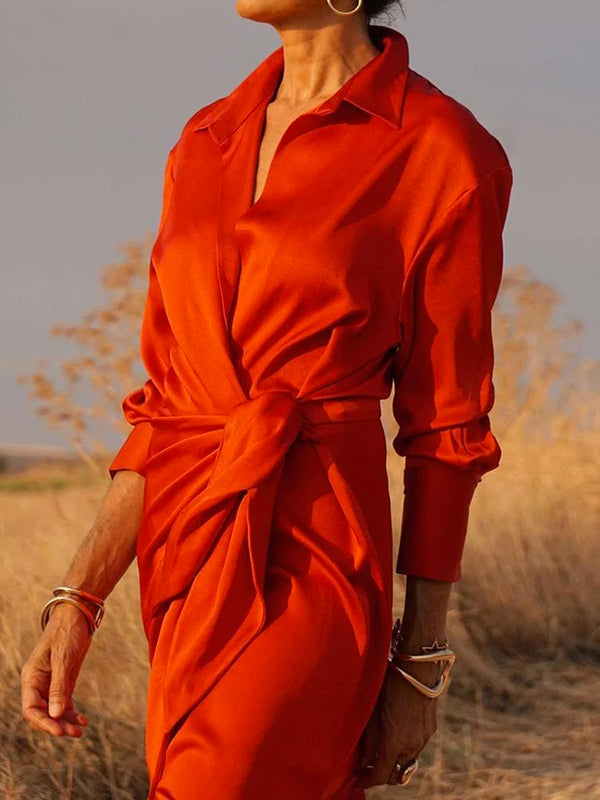 Robes chemise amples à manches longues, couleur unie, col à revers