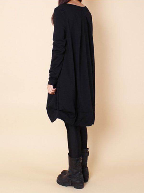 Robe longue plissée coupe trapèze, à manches longues, à col rond, couleur unie