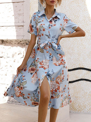 Robe mi-longue ample boutonnée coupe trapèze, à imprimé floral, à taille nouée, à col revers