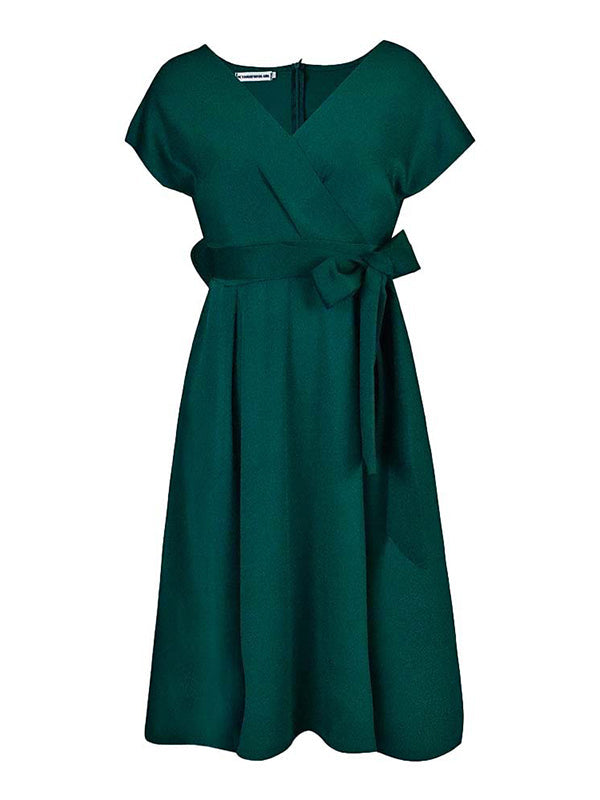 Robe mi-longue à nœud, à lacets, à col en V, couleur unie