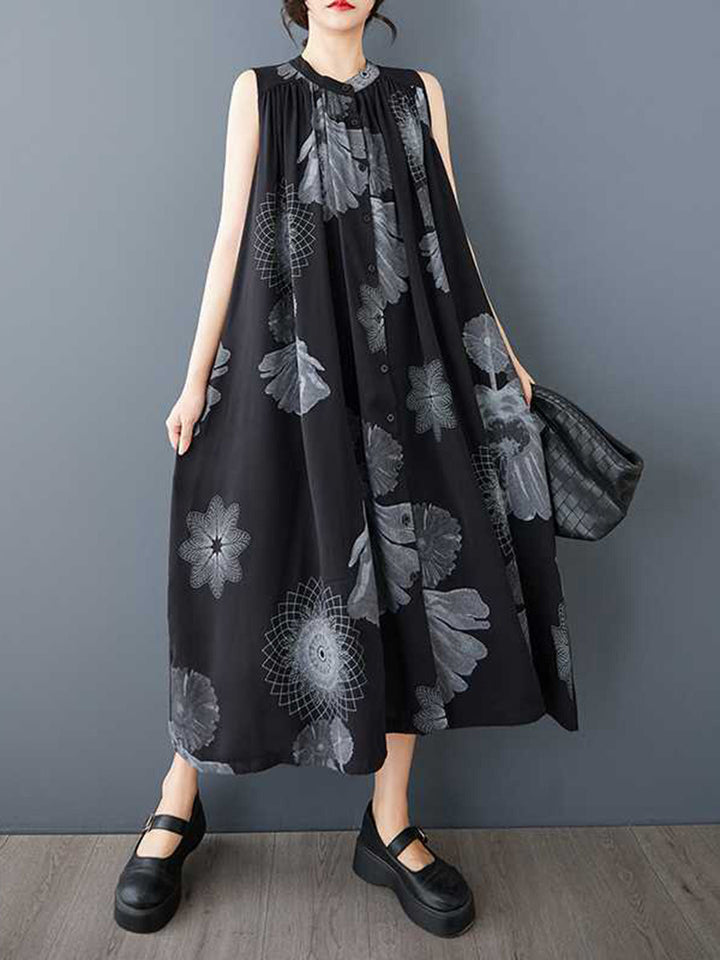 Robe mi-longue ample boutonnée plissée coupe trapèze, à imprimé floral, à poches, à col rond
