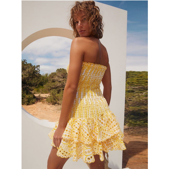 Ana - Robe mini sans bretelles jaune avec volants