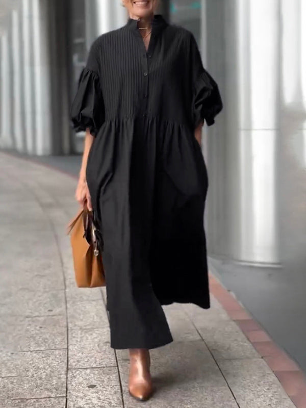 Robe longue boutonnée plissée ample à taille nouée, à manches mi-longues, à col montant, couleur unie