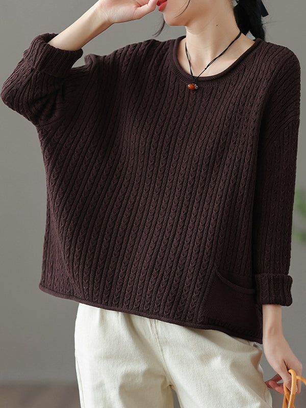 Pull artistique ample rétro, à manches longues, en jacquard, à col rond, couleur unie