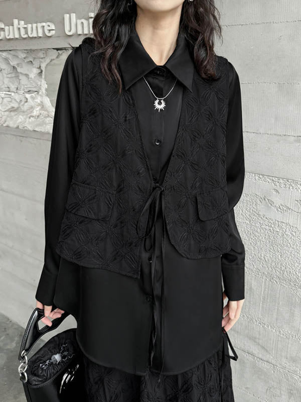 Ensemble deux pièces asymétrique boutonné à empiècements, à cordon de serrage, à imprimé floral, effet deux pièces, à col revers, à poches, à taille élastique, à double rang, couleur unie – chemisier + jupe
