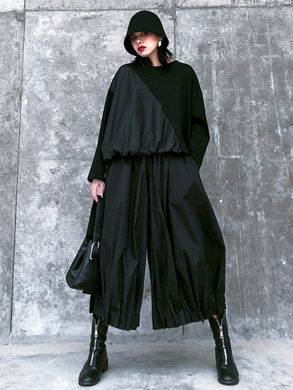 Pantalon élégant noir taille haute, à jambes larges, couleur unie
