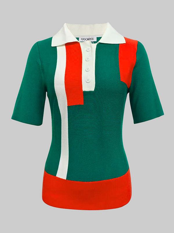 T-shirts slim à manches courtes et boutons à revers de couleur contrastée, hauts de style polo