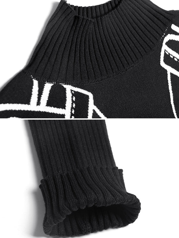 Pull décontracté ample à manches longues, en jacquard, à col haut, couleur contrastée