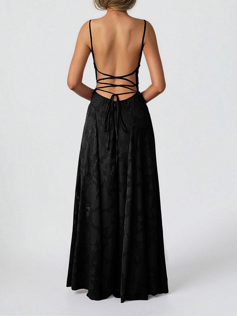 Robe longue plissée coupe trapèze, taille haute, en jacquard, à fines bretelles, couleur unie