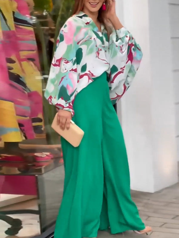 Ensemble deux pièces : blouse à couleurs contrastées + pantalon large uni