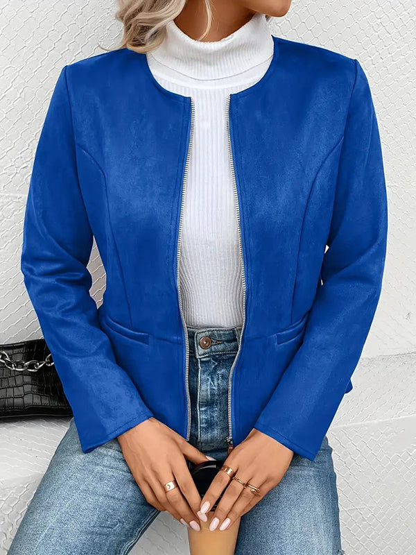 Veste ample à manches longues, à poches, à empiècements, à fermeture éclair, à col rond, couleur unie